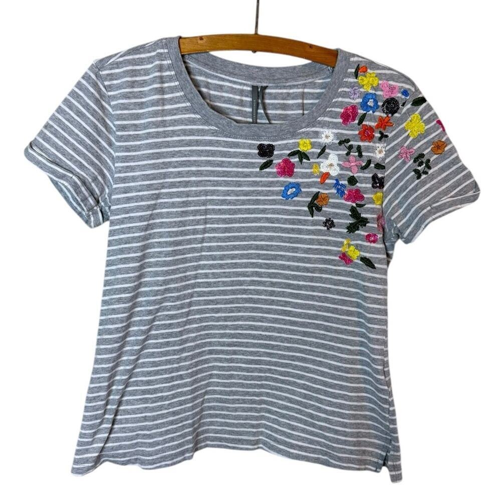 by Anthropologie Women’s XS Striped Tee Flower Embroidery Sequins